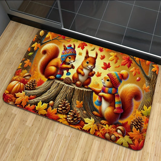 Autumn Squirrel Welcome Doormat Maple Leaf Carpets Front Door Entrance Rug Living Room Bedroom Floormat Thanksgiving Decorations