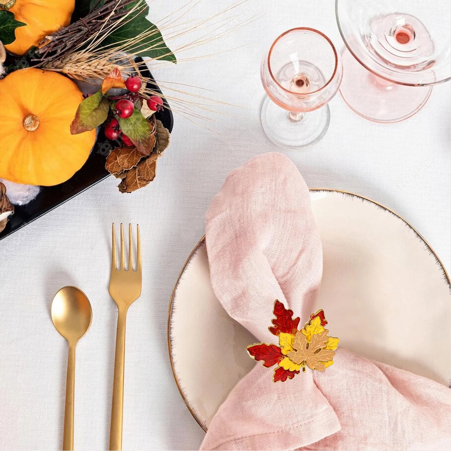 6Pcs Rhinestone Pumpkin Napkin Rings Farmhouse Fall Maple Leaf Napkin Holder for Thanksgiving Wedding Christmas Dining Table Dec
