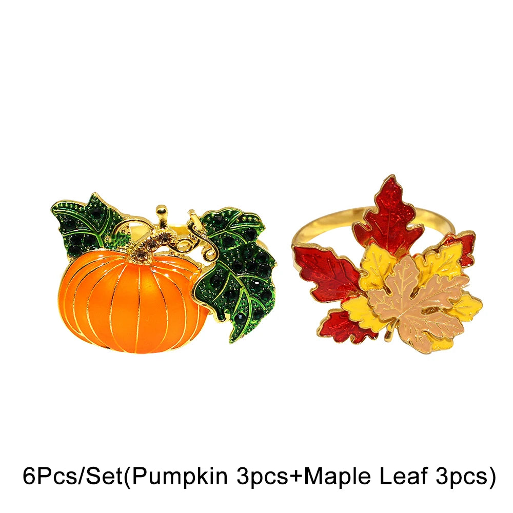 6Pcs Rhinestone Pumpkin Napkin Rings Farmhouse Fall Maple Leaf Napkin Holder for Thanksgiving Wedding Christmas Dining Table Dec